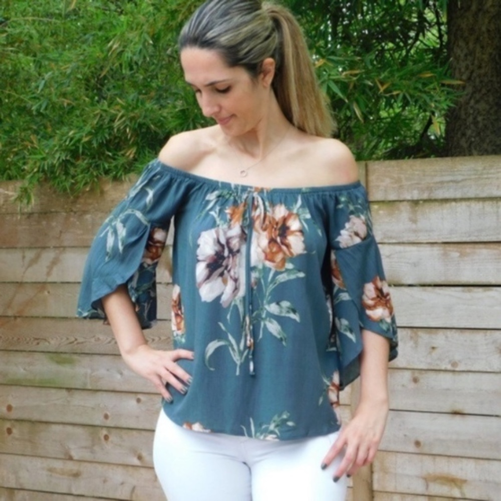 Teal Floral Off Shoulder Top
